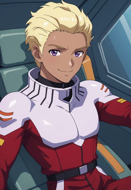 safe_pos, score_9, score_8_up, score_7_up, source_anime, cowboy shot, BREAK, ( dearka_elsman, purple eyes, blonde hair, brown skin, best eyes, looking at viewer, red pilot suit, smiling, cockpit, 1boy, male focus, solo, ) BREAK,