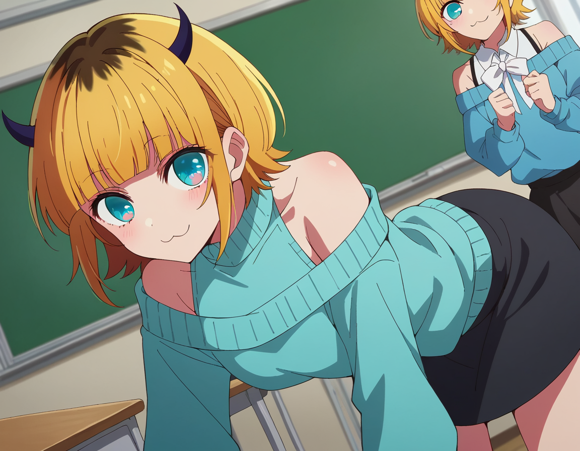 score_9, score_8_up, score_7_up, source_anime,
memcho, <lora:memcho-s1-ponyxl-lora-nochekaiser:1>
memcho, blonde hair, blue eyes, blunt bangs, demon horns, fake horns, horns, short hair,
bare shoulders, black skirt, blue sweater, long sleeves, off shoulder, off-shoulder sweater, puffy sleeves, skirt, sweater, white ribbon,
indoors, classroom, bent over, smile,
looking at viewer, dutch angle, cowboy shot