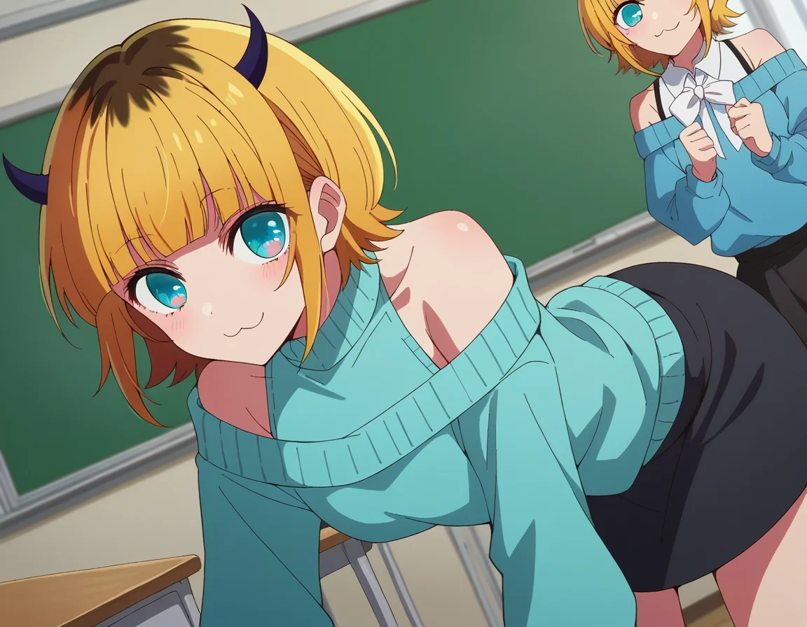 score_9, score_8_up, score_7_up, source_anime,
memcho, <lora:memcho-s1-ponyxl-lora-nochekaiser:1>
memcho, blonde hair, blue eyes, blunt bangs, demon horns, fake horns, horns, short hair,
bare shoulders, black skirt, blue sweater, long sleeves, off shoulder, off-shoulder sweater, puffy sleeves, skirt, sweater, white ribbon,
indoors, classroom, bent over, smile,
looking at viewer, dutch angle, cowboy shot
