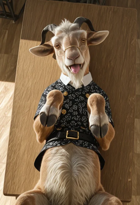 dillamond_teacher_wicked, 1boy, male goat, feral, brown and white fur, short twisted black horns, goat ears, messy white hair, yellow goat eyes, white beard, light brown tail, brown and white legs, black hooves, golden glasses, white collar, black top (leaves patterns, two gold button), black belt with gold buckle,
score_9_up, score_8_up, score_7_up, BREAK, solo, from above, head tilt, horny, on back, saliva, tongue out, looking at viewer, detailed background, masterpiece, best quality, 8k, Expressiveh, realistic, 3d, indoors, lying on desk, on back, joint hooves, belly, cowboy shot, class, day,