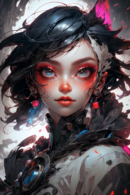 close-up shot, woman, gothic make-up, detailed skin, light freckles, shallow depth of field, OverallDetail
<lora:more_details:0.4>
 <lora:Cosmic anime-oil fusion v2:0.45> 
<lora:AnimeVibesV3:0.3> animevibes, 
<lora:3DMM_V11:0.5> 3DMM 
<lora:midjourney_20230624181825:0.7> midjourney ,
 <lora:LAS:0.5> cloud,colorful,
<lora:msw_locon-t2:0.6>
 <lora:wuxia2:0.6> gu,
 <lora:CyberpunkStyleV1:0.2> PunkAI ,
<lora:CatgirlMaidV1.0-000003:0.35> CatgirlMaid, shiny, shiny hair, shiny skin, shiny clothes