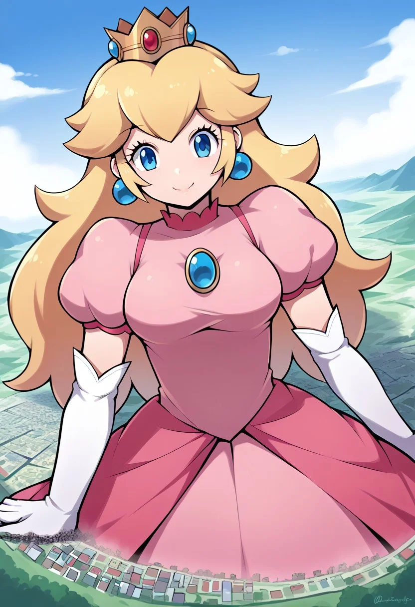 score_9, score_8_up, score_7_up, source_anime,
princesspeach, <lora:princess-peach-chibi-ponyxl-lora-nochekaiser:1>
princess peach, blonde hair, blue eyes, long hair, smile,
crown, dress, gem, gloves, pink dress, puffy short sleeves, puffy sleeves, short sleeves, white gloves,
outdoors, cityscape,
looking at viewer, dutch angle, cowboy shot,Giantess,Landscape,Macro