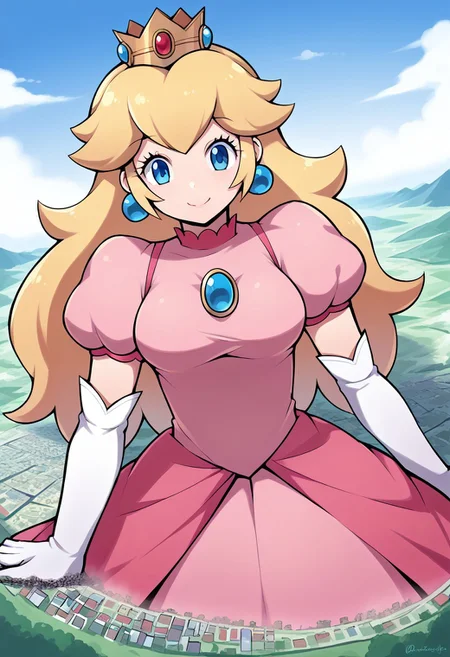 score_9, score_8_up, score_7_up, source_anime,
princesspeach, <lora:princess-peach-chibi-ponyxl-lora-nochekaiser:1>
princess peach, blonde hair, blue eyes, long hair, smile,
crown, dress, gem, gloves, pink dress, puffy short sleeves, puffy sleeves, short sleeves, white gloves,
outdoors, cityscape,
looking at viewer, dutch angle, cowboy shot,Giantess,Landscape,Macro