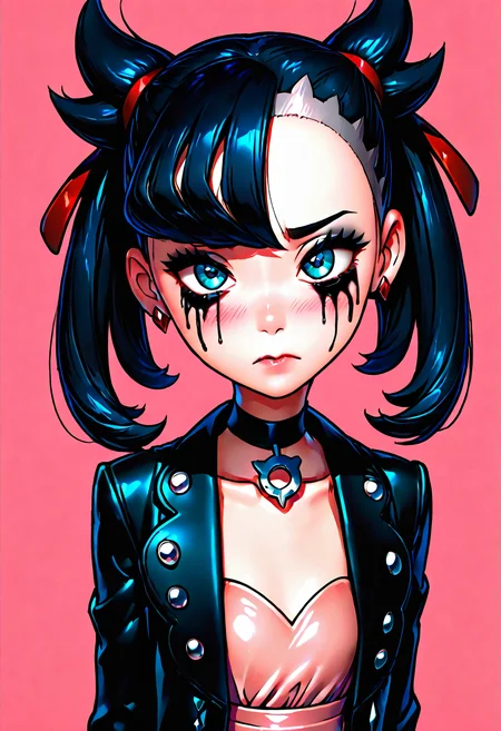 masterpiece, best quality, 1girl, solo, looking at viewer, blush, blue eyes, simple background, black hair, dress, ribbon, twintails, jewelry, closed mouth, collarbone, jacket, hair ribbon, upper body, earrings, small breasts, open clothes, choker, medium hair, aqua eyes, open jacket, red ribbon, lips, black jacket, eyelashes, makeup, black choker, pink background, pink dress, asymmetrical hair, asymmetrical bangs, undercut, ruined makeup, marnie (pokemon) (dynamic pose, foreshortening), 3d, ,<lora:C3CitronNAI:0.8>, <lora:MarniePokemon_NAI_v2:0.7>,