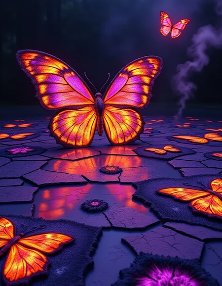 A psychedelic realm where every surface is made up of enormous burned patches in the shape of butterflies, each one unique and adorned with fractal wings. The burned outlines glow faintly with shifting rainbow colors, while their interiors pulse with surreal, swirling patterns of fiery orange and deep violet. The "ground" ripples like a reflective pool, mirroring the kaleidoscopic designs, while in the sky, smaller butterflies made of fire and smoke flutter and dissolve into spiraling trails of ash.
<lora:ral-brndptch_000002000:1>