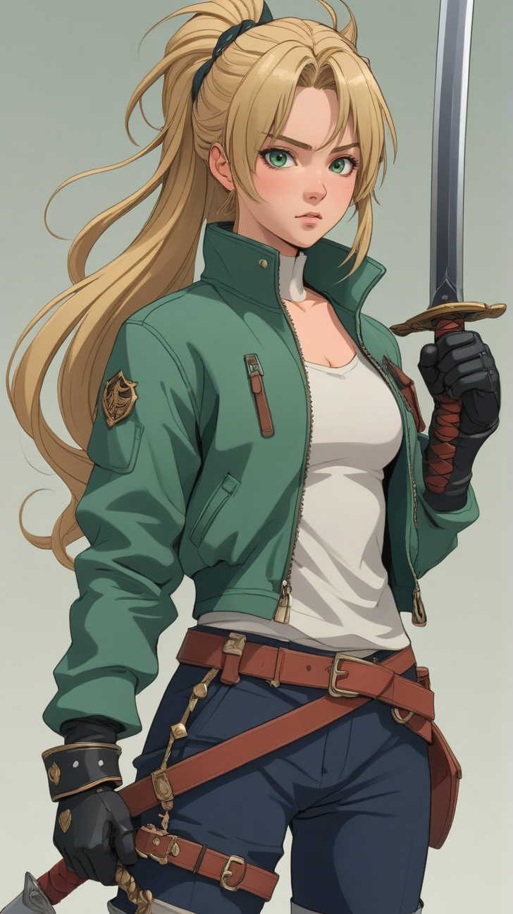 <lora:detailed_notrigger:1>,thigh_pouch,navel,holding,black_pants,full_body,pouch,highres,arowana2111,jacket,high_heels,ponytail,weapon,blonde_hair,looking_at_viewer,solo,sword,white_background,fingerless_gloves,absurdres,green_jacket,holding_weapon,holding_sword,1girl,simple_background,gloves,pants, masterpiece, best quality, amazing quality, very aesthetic, high resolution, ultra-detailed, absurdres, newest,Masterpiece, best quality, amazing quality, very aesthetic, high resolution, ultra-detailed, absurdres, HDR,, (Studio ghibli style, Art by Hayao Miyazaki:1.2), Anime Style, Manga Style, Hand drawn, cinematic, Sharp focus, humorous illustration, big depth of field, Masterpiece, concept art, trending on artstation, Vivid colors, Simplified style, trending on ArtStation, trending on CGSociety, Intricate, Vibrant colors, Soft Shading, Simplistic Features, Sharp Angles, Playful, masterpiece, best quality, amazing quality, very aesthetic, absurdres,  newest, (scenery, volumetric lighting),âââ