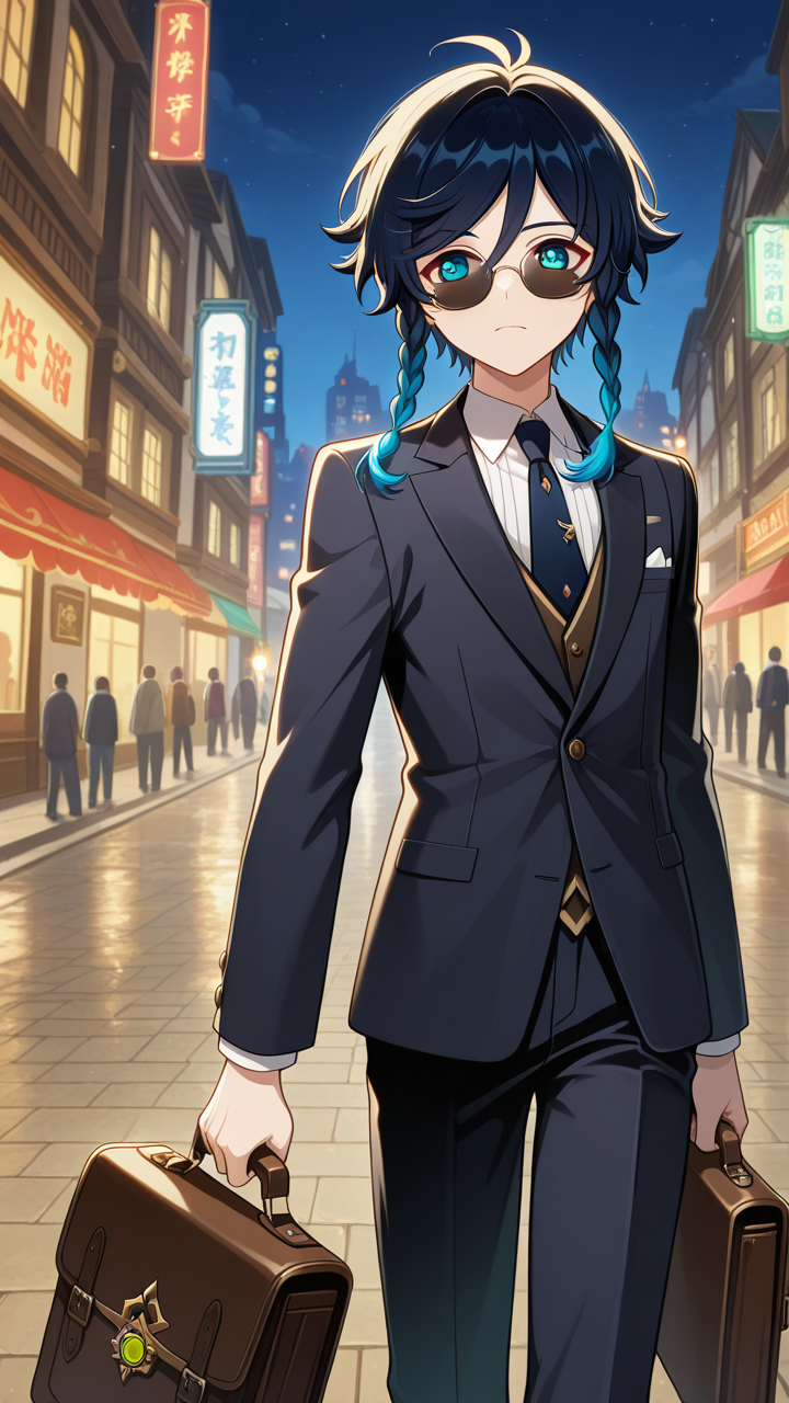 solo,, masterpiece, best quality, amazing quality, very aesthetic, absurdres, newest, anime screencap, <lora:ventiILM:1>, venti (genshin impact), short hair with long locks, aqua hair, green eyes, aqua eyes, blue hair, black hair, braid, gradient hair, twin braids, side braids, hair between eyes, androgynous,, suit, briefcase, holding briefcase, gun, holding gun, night, outdoors, modern city, glasses, sunglasses, serious,