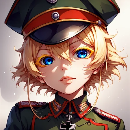 score_9, score_8_up, score_7_up,
TanyaDegurechaff,tunic, 1girl, solo, looking at viewer, short hair, blue eyes, manga eyes, blonde hair, hat, hair between eyes, uniform, military, eyelashes, military uniform, cross, peaked cap, military hat, colored eyelashes, iron cross,score_9, source_anime
<lora:TanyaPonyV2:0.8>