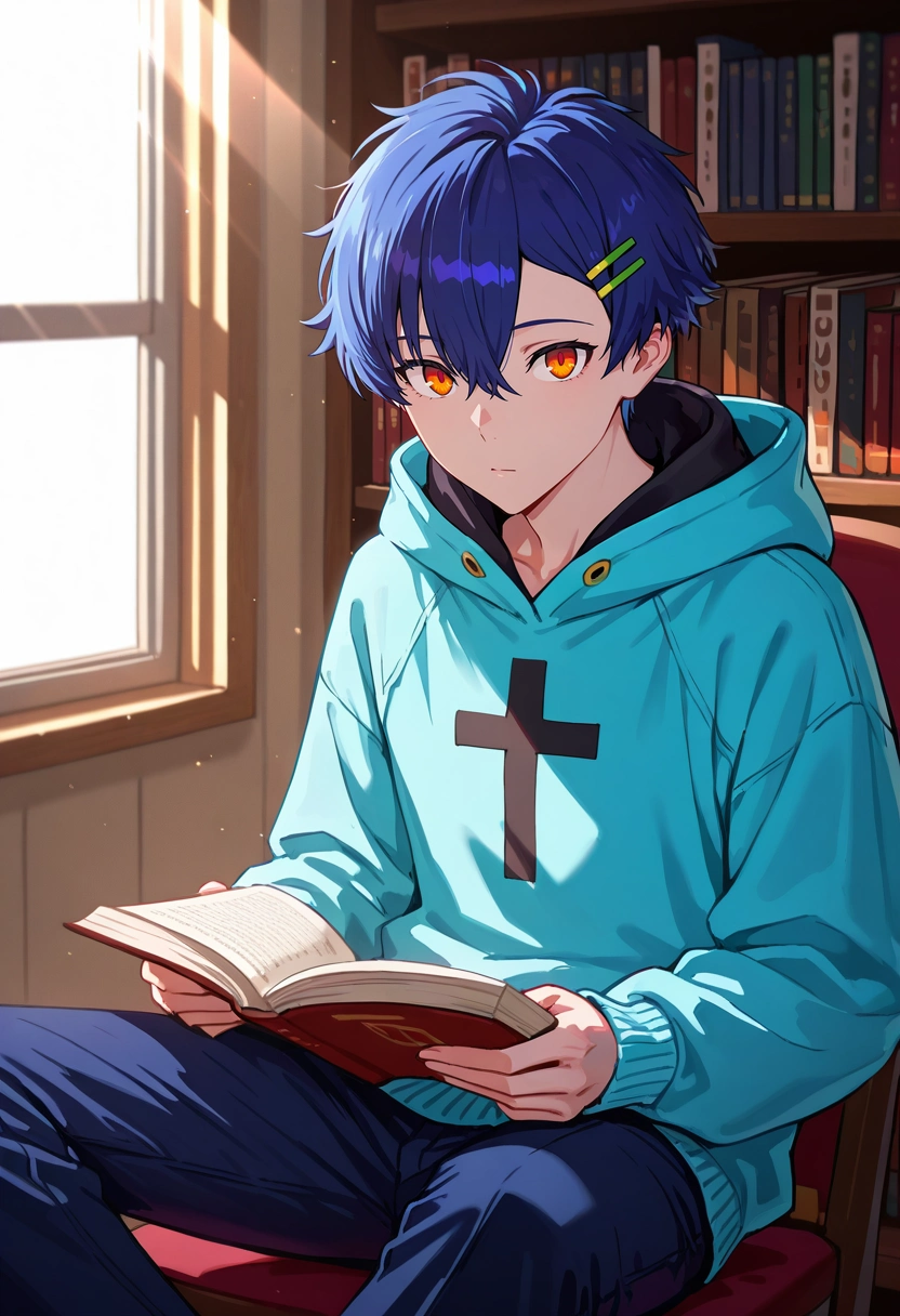 masterpiece, best quality, intricate details, semi-realistic, looking at viewer, 1boy, solo, male focus, <lora:yomogi_asanaka_ilxl:0.9>, yomogi_asanaka, blue hair, orange eyes, short hair, bangs, hair between eyes, hairclip, hoodie, library, bookshelf, sunbeam, window, book, reading, afternoon, sitting cross-legged, absorbed expression, Trousers, Mock neck sweater, , , and andCravat