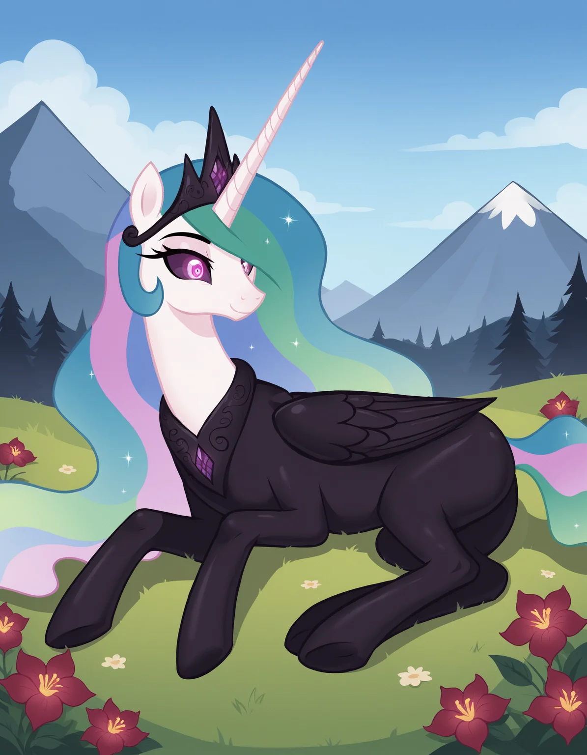 score_9, score_8_up, score_7_up, score_6_up, score_5_up, score_4_up
corrupted celestia, solo, feral pony, show accurate, black (b34n bodysuit:1.2), hypnotized, black crown, on side BREAK
outdoors, mountain, day, sky, flower, mountainous horizon, blue sky, grass <lora:Smooth Anime Style LoRA XL:1> <lora:b34n-ponyxl-1:0.6>