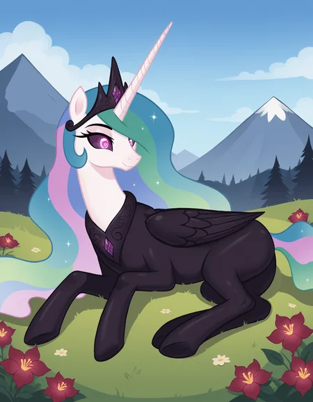 score_9, score_8_up, score_7_up, score_6_up, score_5_up, score_4_up
corrupted celestia, solo, feral pony, show accurate, black (b34n bodysuit:1.2), hypnotized, black crown, on side BREAK
outdoors, mountain, day, sky, flower, mountainous horizon, blue sky, grass <lora:Smooth Anime Style LoRA XL:1> <lora:b34n-ponyxl-1:0.6>