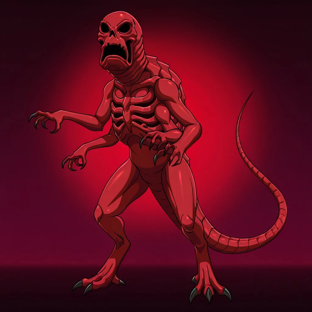 masterpiece, high quality, absurdres,
CreepyRed, tail, creepyred4, standing, 1boy, claws, ribs, skeleton, alien, full body, two extra arms, four arms, 3-clawed hands, bird talon, red skin, solo, hollow eyes, monster, no humans, no humans,