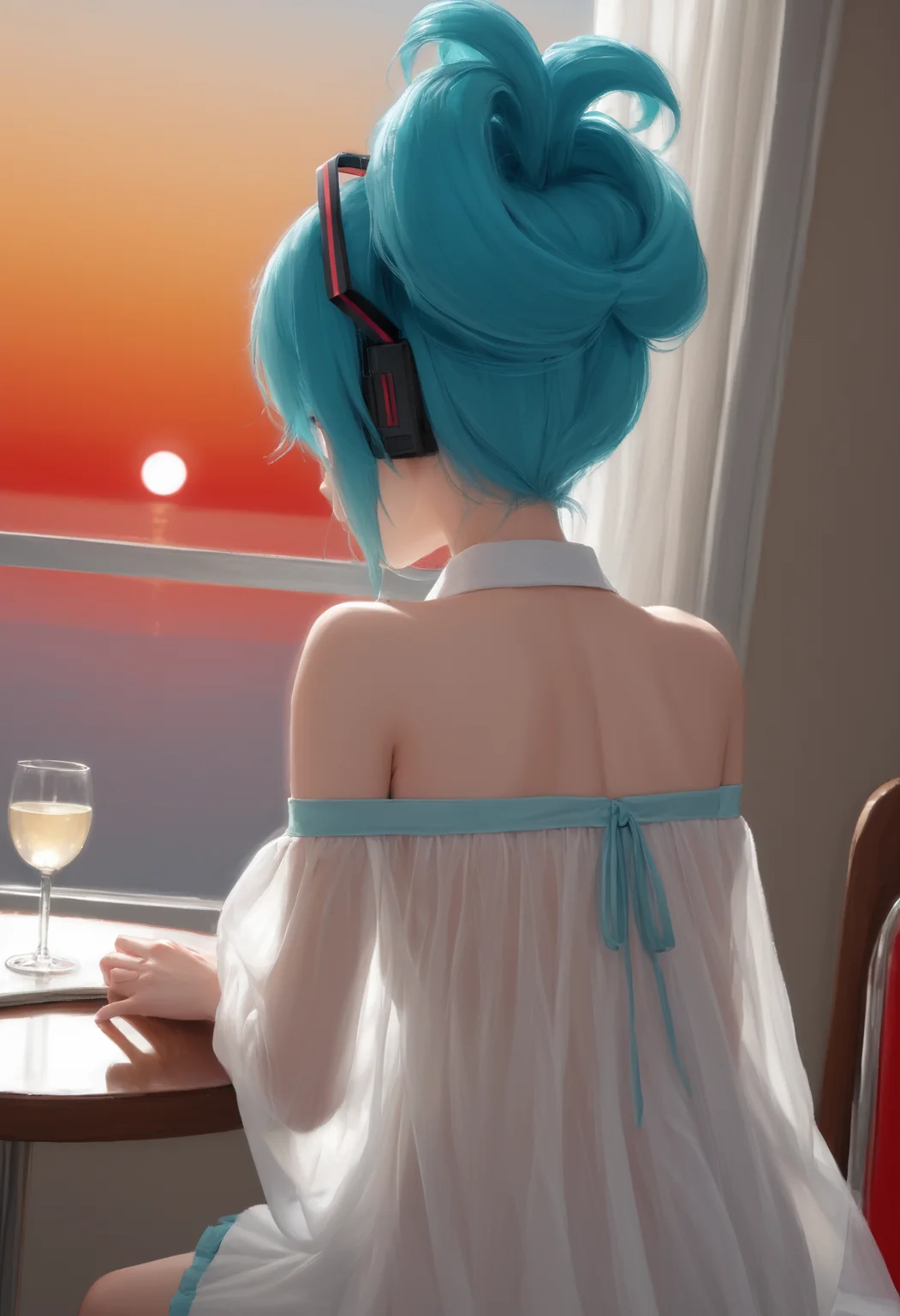 score_9,score_8_up,score_7_up,,source_anime BREAK cover illustration, 1girl,curvy, shiny skin, smooth skin, Studio lighting,ultra-fine painting,sharp focus,physically-based rendering,extreme detail description,Vivid Colors,dutch angle,backlighting,strong_rim_light,light leaks,restaurant, sunset, see-through_silhouette hatsune miku, bangs, updo, heart hair ornament, bare shoulders, collared shirt ruanyi0837,off-shoulder dress,see-through,<lora:light_see:1>,<lora:å鳿ªæ¥çæ¡çHatsune_Miku:1>,<lora:0837 One shoulder sequined tube top dress_v1_pony:1>
