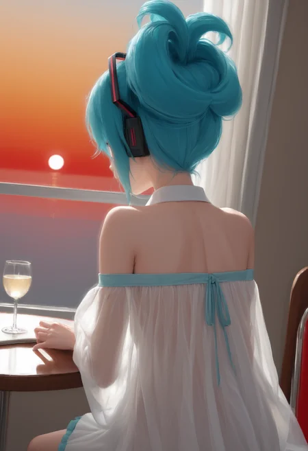 score_9,score_8_up,score_7_up,,source_anime BREAK cover illustration, 1girl,curvy, shiny skin, smooth skin, Studio lighting,ultra-fine painting,sharp focus,physically-based rendering,extreme detail description,Vivid Colors,dutch angle,backlighting,strong_rim_light,light leaks,restaurant, sunset, see-through_silhouette hatsune miku, bangs, updo, heart hair ornament, bare shoulders, collared shirt ruanyi0837,off-shoulder dress,see-through,<lora:light_see:1>,<lora:å鳿ªæ¥çæ¡çHatsune_Miku:1>,<lora:0837 One shoulder sequined tube top dress_v1_pony:1>