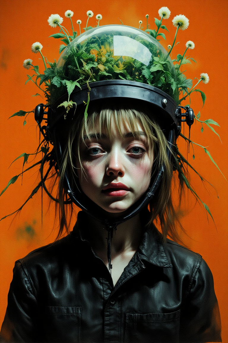 masterpiece, best quality, amazing quality, very aesthetic, absurdres, newest
digital art, frontal portrait, futuristic, sci-fi
1girl, solo, upper body, eyes gently closed
helmet, biosphere inside helmet, organic elements, technology, black jacket, detailed design, high contrast, intricate details, dreamlike atmosphere
orange background, lush green plants, glowing flowers
artist:moriimee, in the style of cksc, in the style of cknc, in the style of ck-rw      

Dark Art