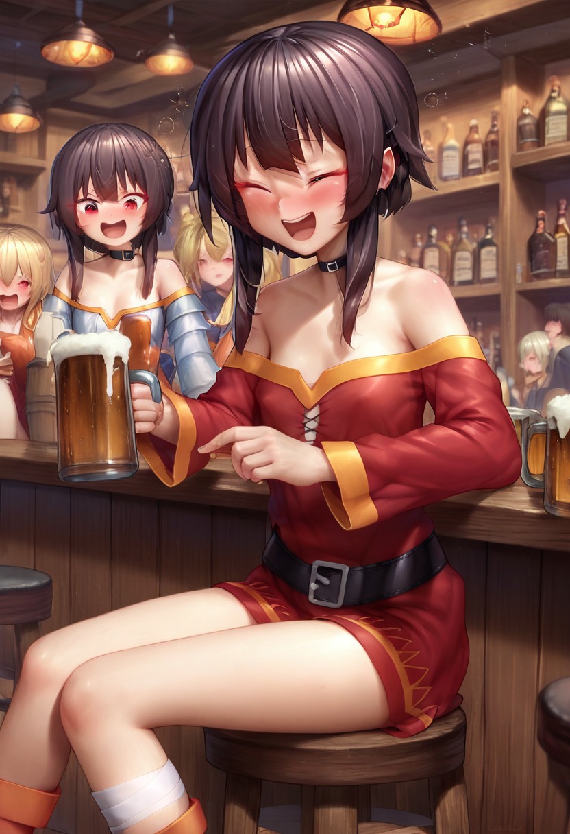 score_9, score_8_up, score_7_up, 1girl, Megumin, sitting, bar, beer, mug, drunk, laughing, aki99P