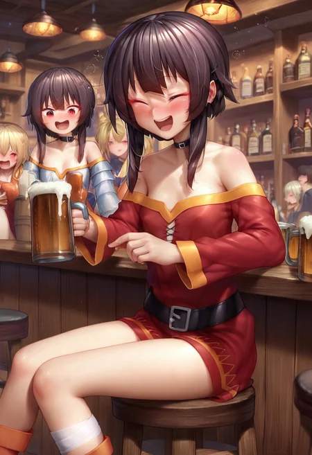 score_9, score_8_up, score_7_up, 1girl, Megumin, sitting, bar, beer, mug, drunk, laughing, aki99P