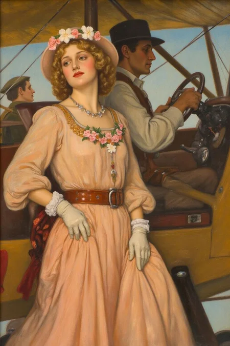 edwinabbey1 painting.
A romantic scene of a couple on a vintage biplane. The woman, in the foreground, is a stylish woman with curly blonde hair adorned with a flower garland and wearing a light, flowing, peach-colored dress with a wide belt, a matching hat, and gloves. The man is piloting the biplane with his hands firmly on the steering wheel.
<lora:edwinabbey1_cap_d6a3:1.0><lora:837014239223819343:0>