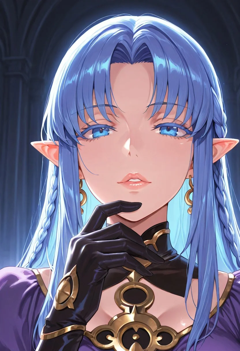 1girl, Medea \(fate\),, adult woman, earrings, masterpiece, purple dress, hand up, black gloves, blue hair, long hair, pointy ears, luscious lips, lip gloss, portrait, colored eyelashes, backlighting, blue eyes, goddess, glossy skin, ,hires,best quality, very aesthetic,absurdres,score_9, score_8_up, score_7_up, score_6_up, score_5_up, score_4_up, (hyper extreme detailed), (hyper quality), game CG, (colour:1.2),(from side:0.7)