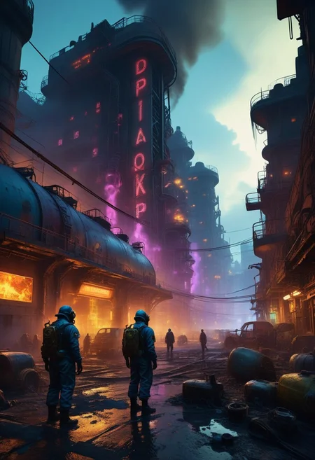toxic metropolis with chemical factories and neon-lit labs, citizens wearing gas masks and protective gear, streets filled with hazardous waste and toxic fumes, towering structures with glowing chemical vats, air filled with the scent of chemicals and decay, distant sounds of bubbling vats and lab equipment, use of 'photorealistic', '8k', 'hyper-detailed', 'chempunk', 'dramatic lighting' to highlight the toxic environment, 'depth of field' for immersive effect, 'HDR' for high dynamic range