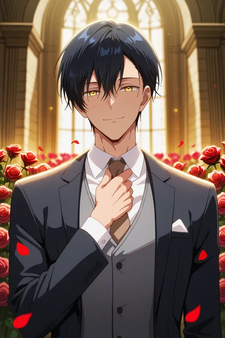masterpiece, best quality, amazing quality, very aesthetic, high resolution, ultra-detailed, absurdres, newest, scenery, volumetric lighting, depth of field, 1boy, solo, male focus, <lora:noah:0.96>,noah wynknight,black hair,golden eyes,short hair,bangs,looking at viewer, smile, shirt, long sleeves, jacket, white shirt, upper body, flower, necktie, vest,petals, rose, formal, suit, red flower, red rose, rose petals, grey vest,black jacket, brown necktie, adjusting necktie