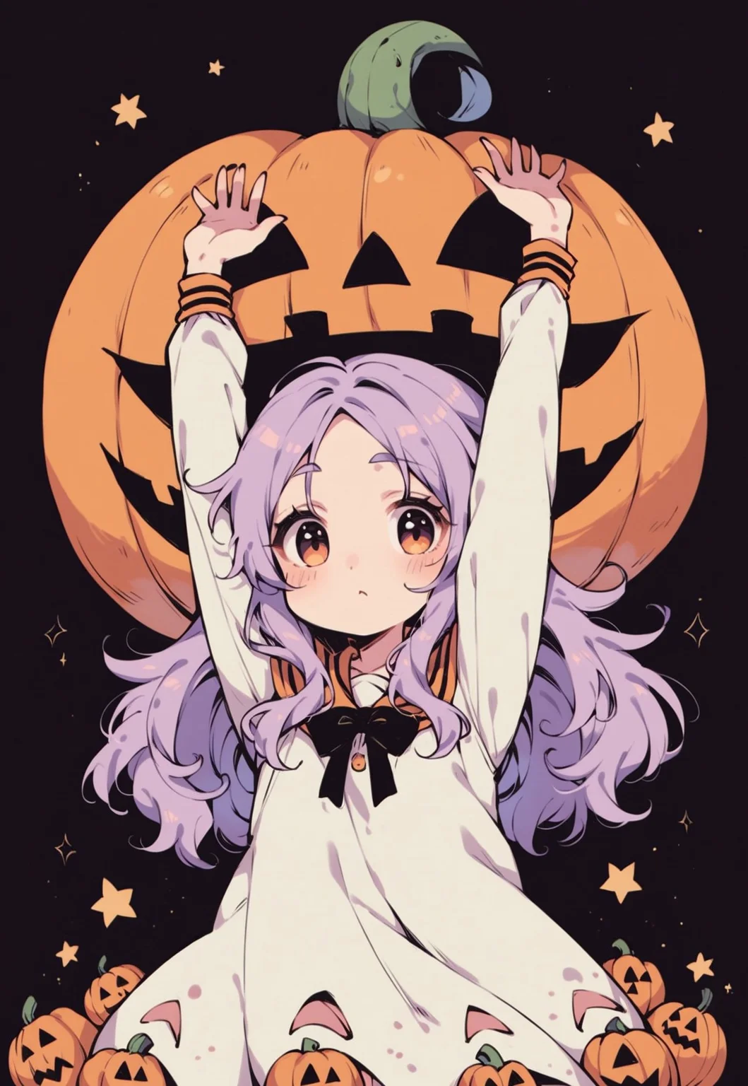 score_9, score_8_up, score_7_up, score_6_up, d4rkpurp, anime, slightly chibi, cute ghost girl, wearing spooky blanket, upper body, coming out of a pumpkin lantern, arms up, :O, surprising viewer,d4rkpurp, bhands, perfect hands