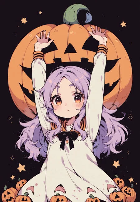 score_9, score_8_up, score_7_up, score_6_up, d4rkpurp, anime, slightly chibi, cute ghost girl, wearing spooky blanket, upper body, coming out of a pumpkin lantern, arms up, :O, surprising viewer,d4rkpurp, bhands, perfect hands