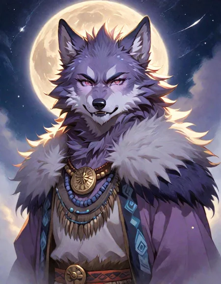 highly detailed, masterpiece, best quality, official art, anime style, (wolf man), furry body, Dusty Violet fur, slight smile, dressed in tribal clothing, character portrait, upper body, light fog, and light mist, and very few clouds,, in the sky is empty moon and polar star , <lora:Anime_Furry_Style_SDXL:0.8>