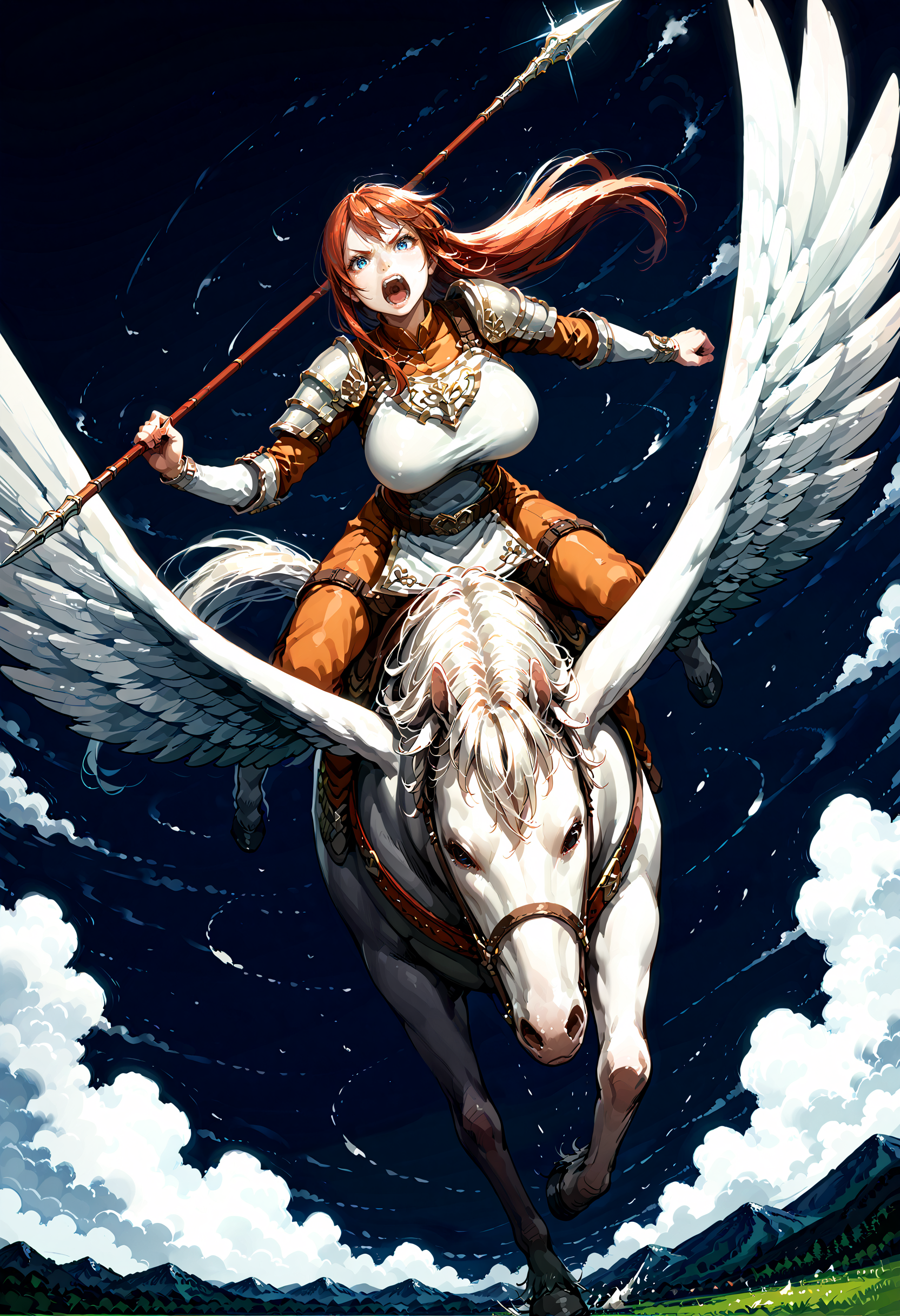 score_9,score_8_up,score_7_up,extreme detailed,full_body,zPDXL3 BREAK sky,flying,1girl,huge breasts,<lora:Pony_DetailV2.0:1>,
pegasus knight,horse,horseback riding,pegasus,long hair,shoulder armor,breastplate,pegasus knight uniform \(fire emblem\),<lora:pegasus knight-v3-pony:0.7>, polearm,holding weapon,fighting stance, v-shaped eyebrows,screaming,