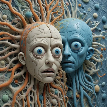 Mass versus idea, Consciousness inside neural machine. Be creative., (a scene:1.47), blue theme <lora:Angst:1>