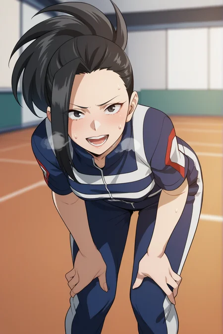 score_9, score_8_up, score_7_up, score_6_up, score_5_up, score_4_up, BREAK source_anime, 1girl,
<lora:MomoYaoyorozuXL-v1-07:0.7>, ChopioYaoyorozu, long hair, black hair, wide ponytail, asymmetrical bangs, black eyes, looking at viewer,
[medium breasts : large breasts: 10], breasts apart, (wide hips:0.7),
outfit_5, blue tracksuit, track jacket, short sleeves, track pants, sneakers, pink footwear,
gym, indoors, hands on thighs, leaning forward, sweat, sweatdrop, open mouth, smile, heavy breathing, visible breath,