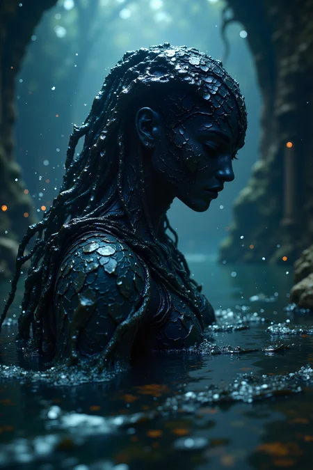 R3alisticF,A dark tide priestess covered in black scales that mirror the depths. Her reflections in water show ancient sunken cities. The darkness around her moves like waves.Fantastic lighting. Detailed shadows.intricate details, vivid colors, hyper-detailed, ultra-sharp<lora:FluxMythR3alisticF>