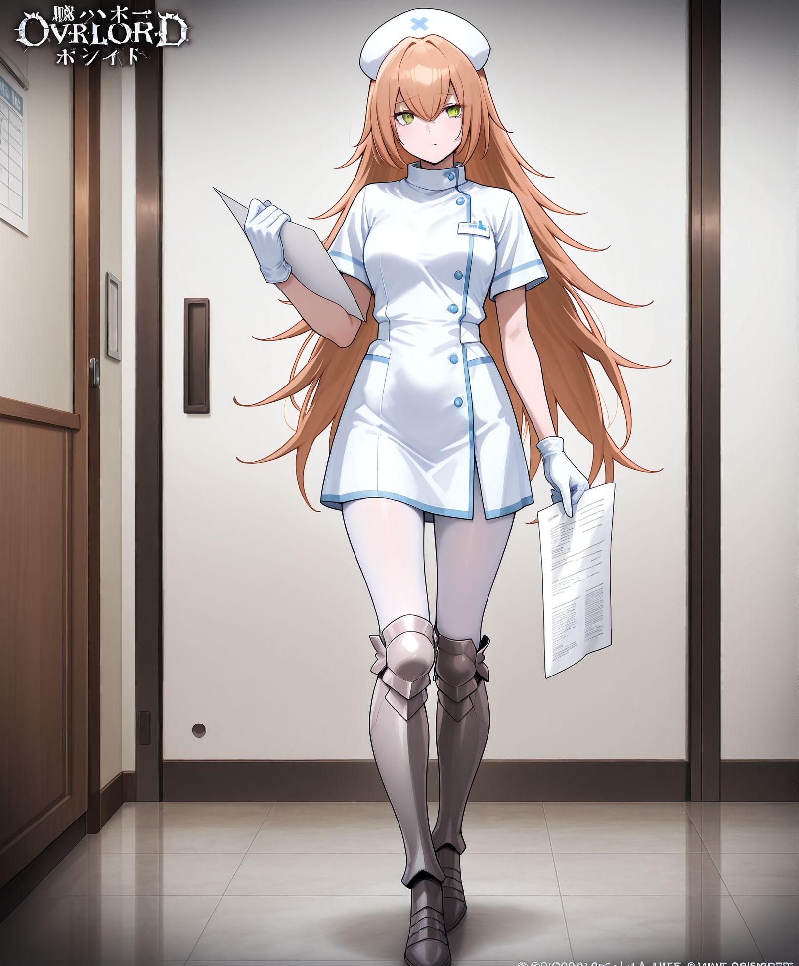 masterpiece,best quality,amazing quality,very aesthetic,absurdres,newest, huge filesize,
<lora:spo_sdxl_10ep_4k-data_lora_webui:0.5>, 
<lora:add-detail-xl:1> overlord,official art, 
anime screenshot,  
<lora:nurse_illustrious_V1.0:0.7> nurse, short sleeves, dress, nurse cap,white pantyhose,holding paper,
BREAK
<lora:overlord_The_Sacred_Kingdom_V1:0.8> 
overlord_V1,
1girl,
long hair,
green eyes,
gloves,very long hair,
standing,full body,cz2128 delta, 
armored boots,
o_cz2128,