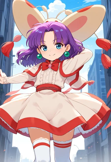 <lora:HyLper-Accelerate-PAseer:1> <lora:Fixhands_anime_bdsqlsz_V1:1>score_9, score_8_up, score_7_up, source_anime, intricate details, perfect anatomy BREAK
1girl, grandia-sue, purple hair, long hair, hair ribbon, blue eyes, green earrings, freckles,  (see-through:1), leotard, elbow gloves, thighhighs ,
Flirty, A playful smile, arched eyebrows, and a slightly tilted head., outdoors, city, tokyo, dynamic pose, 
<lora:grandia-sue_XL(pony)v11:1>