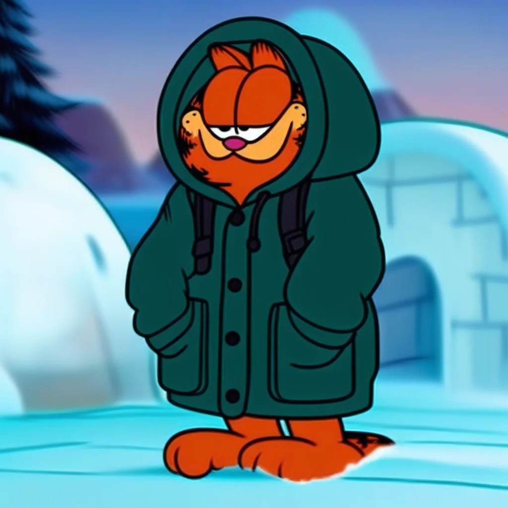 Garfield is wearing a thick parka while standing outside an igloo