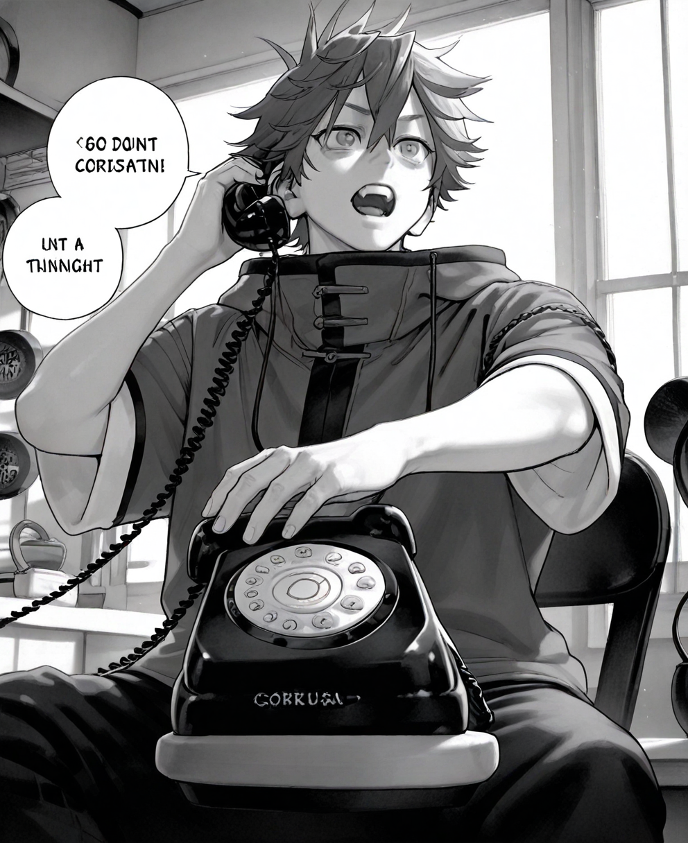 <lora:gokurakugai:1> gokurakugai,
(masterpiece), (best quality), (ultra-detailed), amazing quality, very aesthetic, illustration, perfect composition, intricate details, absurdres, incredibly absurdres, shiny skin, realistic,
 gokurakugai, monochrome, 1boy, greyscale, male focus, open mouth, phone, , talking on phone,  phone, short hair, , , sitting, solo, pants, indoors, short sleeves, corded phone, hair between eyes, general