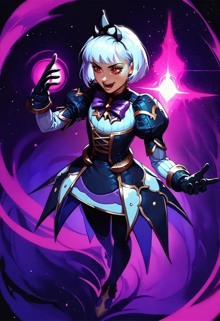 (score_9, score_8_up), score_7_up, 1girl, solo, highly detailed, intricate, dark theme, low light,full body view,


high angle,

Dark Night, purple stars, magical background

Orphea, tiara, white hair, short hair, red eyes, gown, puffy sleeves, leggings, black gloves, purple bow, half closed eyes, young woman, laughing, rising one arm , casting spell