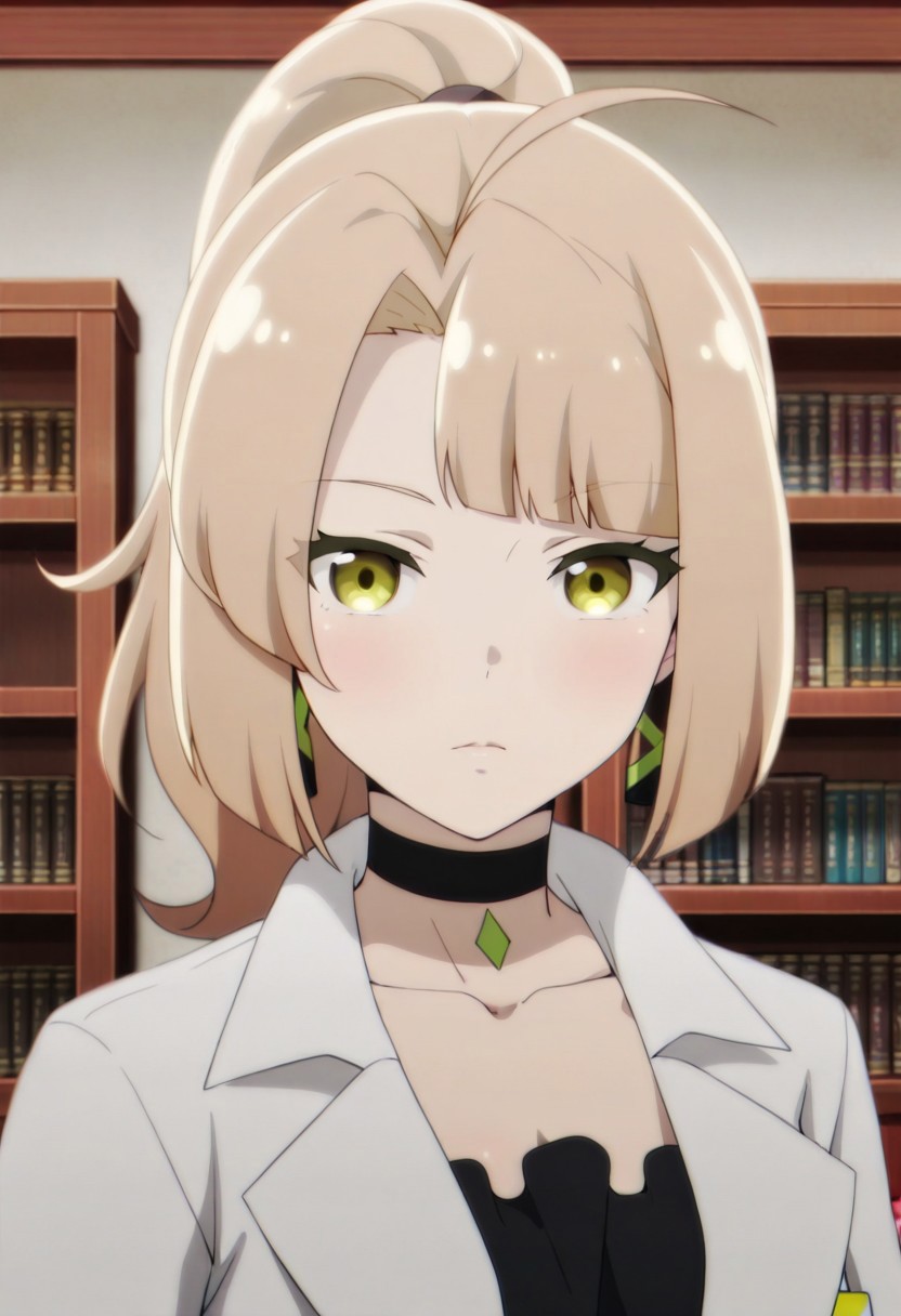 masterpiece,best quality,amazing quality,lorraine vivie, light brown hair, long hair, yellow-green eyes, 1girl, labcoat,  ponytail, choker, indoors, ahoge, collarbone, bookshelf