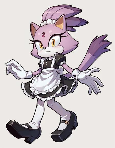 score_9, score_8_up, score_7_up, score_6_up, score_5_up, score_4_up, 1girl, full body, solo, sonic \(series\), animal nose,
<lora:EvanStan-18:1> evnstnly, furry, white gloves, maid-outfit, white-pantyhose, mary-janes, maid-headdress, maid-apron, blaze the cat, purple fur, white fur, two-tone fur, forehead jewel, cat ears, cat tail, high ponytail, yellow eyes, flat chest, child