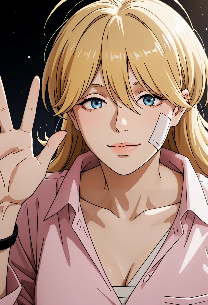 <lora:Gradient_Background:1> Gr_Back, Gradient Background, dark background,(upper body:1.4),female focus, magic light particles, waving at viewer, close up, high detail face,
pajamasoutfit5, 1girl, long blonde hair, bangs, messy hair, blue eyes, medium breast, cleavage, bandage on cheek,
pink shirt, button-up shirt, collared shirt, long sleeves, loose shirt, chest pocket, black wristband
<lora:Christine_Lazarus _IL:1>