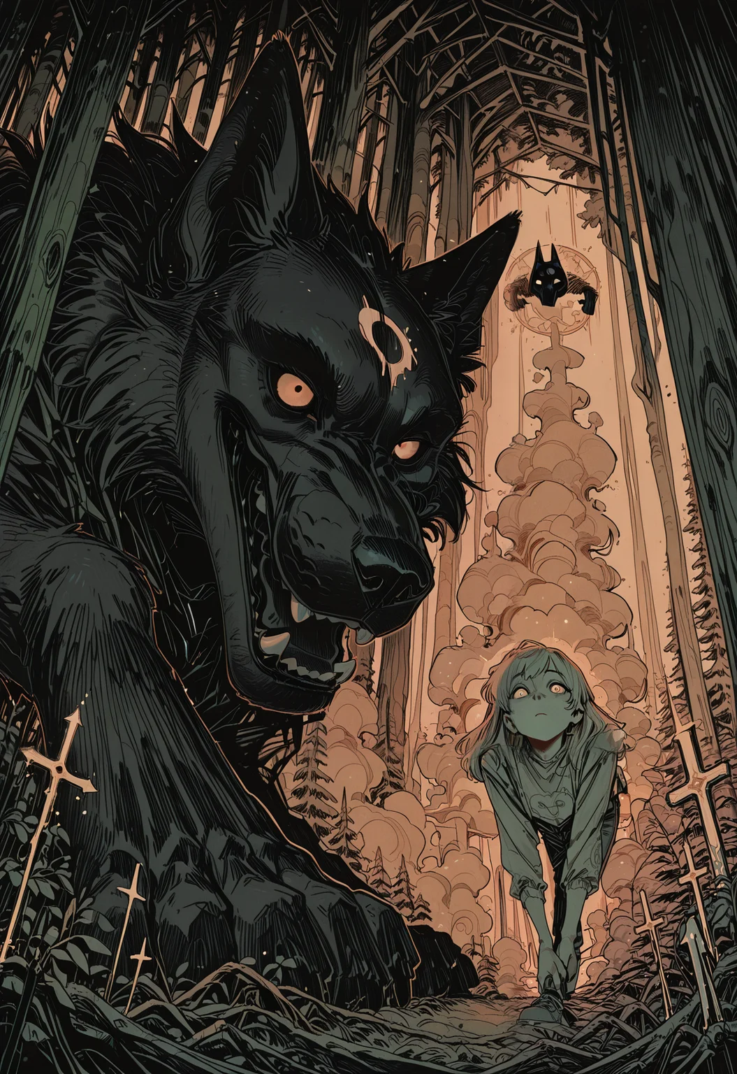 embedding:IllusP0s, codex sss chroma,
masterpiece, best quality, absurdres, high-res, intricate details, dynamic comic style, clean line art, black and white, graphic novel style, hatching, cross-hatching,
1girl (Lamb), 1boy (Wolf), Kindred from League of Legends, Lamb is a beautiful spirit with lamb ears and a serene expression, drawing her spirit bow, glowing arrow nocked, Wolf is a spectral dark wolf mask, swirling around her like smoke, ethereal and menacing, sharp teeth,
in a mystical ancient forest, god rays filtering through the canopy, floating magical particles, dramatic lighting, high contrast,
<lora:Dot Comics:0.8>
