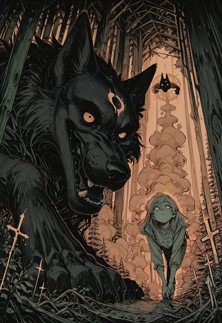 embedding:IllusP0s, codex sss chroma,
masterpiece, best quality, absurdres, high-res, intricate details, dynamic comic style, clean line art, black and white, graphic novel style, hatching, cross-hatching,
1girl (Lamb), 1boy (Wolf), Kindred from League of Legends, Lamb is a beautiful spirit with lamb ears and a serene expression, drawing her spirit bow, glowing arrow nocked, Wolf is a spectral dark wolf mask, swirling around her like smoke, ethereal and menacing, sharp teeth,
in a mystical ancient forest, god rays filtering through the canopy, floating magical particles, dramatic lighting, high contrast,
<lora:Dot Comics:0.8>