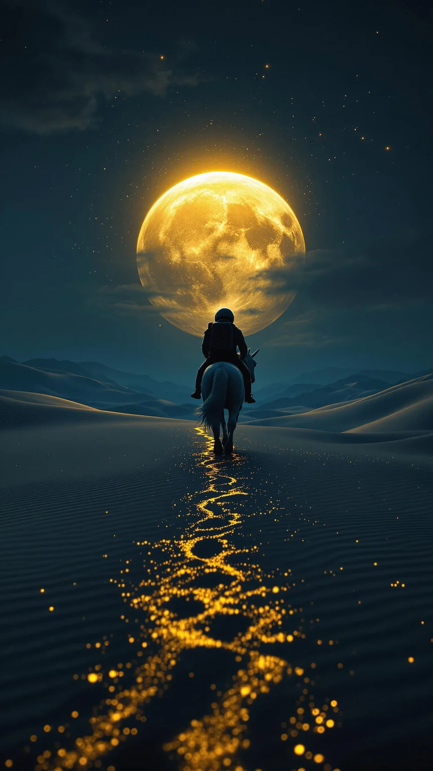 A closeup digital shot about dark fantasy scene with a black and navy-blue color theme. low angle camera view of the focal point is a lonely astronaut riding a unicorn approach the viewer in the endless desert and their silhouetted against the blue-tinted sand while sky is extremely dark and rough. The dunes stretch out into the distance, with the golden path they walk on shining brightly, casting intricate shadows. A massive golden sun dominates the sky, emitting a warm, ethereal glow that bathes the scene in a surreal and dreamlike atmosphere. The overall effect is both tranquil and captivating, drawing the viewer into the world of this enchanting desert landscape.