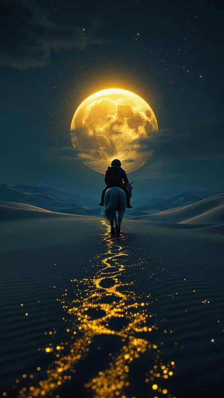A closeup digital shot about dark fantasy scene with a black and navy-blue color theme. low angle camera view of the focal point is a lonely astronaut riding a unicorn approach the viewer in the endless desert and their silhouetted against the blue-tinted sand while sky is extremely dark and rough. The dunes stretch out into the distance, with the golden path they walk on shining brightly, casting intricate shadows. A massive golden sun dominates the sky, emitting a warm, ethereal glow that bathes the scene in a surreal and dreamlike atmosphere. The overall effect is both tranquil and captivating, drawing the viewer into the world of this enchanting desert landscape.