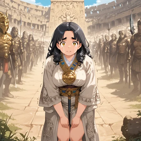 IllusP0s, PonyScores7, source_anime, ah1, IllustriousQual, interesting, exciting, spectacular, wonderful,
BREAK <lora:xl_more_art-full_v1:0.2>, <lora:aesthetic_anime_v1s:0.2>, <lora:EpicF4nta5yXL:0.2>, <lora:detailxl:0.2>, detailxl, <lora:Fant5yP0ny:0.2>, amazing quality, best aesthetic, absurdres, illustration, Volumetric_Lighting, ultra-detailed, very aesthetic, intricate details, best_quality, <lora:Anime_Aesthetic_Wallpaper_StyleIllustriousXL:0.4>, aniwall,
BREAK ((arms wrapped around waist, body leaning slightly forward, legs close together, protective and introspective body language)),
BREAK Stable_Yogis_PDXL_Positives, AS-Adult, <lora:Complicated fantasy portrait - XL Pony V2.0:0.2>, bad-hands-5, <lora:HDA_Detailer:0.3>, <lora:natsumi_style:0.5>, <lora:by_usakun-pony:0.4>, by usakun, <lora:Akina_Bbw_Style_-_PonyXL:0.2>, AkinBw, ((e-Girl fashion style, known for its bold and colorful aesthetics, features layered clothing, graphic prints, and unique hairstyles, expressing a playful and edgy personality)),
BREAK 1girl, mature female, (curvy), round-chin, caucasian, <lora:ETO_OC_Illustrius:0.5>, eto_oc, skindentation, (plump), thick thighs, wide hips, busty, voluptuous, <lora:venus body PonyXL:0.3>, <lora:shinyskin2:0.2>, glistening skin, HDA_FatGirlXL, round ass, large breasts,
BREAK ((byzantium Lace trim romper)),
BREAK (curly hair), long hair, (black hair:1.4), (parted hair:1.7), messy hair, kinky curls, <lora:hairdetailpxl:0.2>, hairdetailpxl,
BREAK (half green and brown eyes), (colorful eyes), (multicolored eyes), (downturned eyes:1.4), <lora:expressive eyes:0.2>, expressive eyes, <lora:eyedetailpxl:0.2>, eyedetailpxl, <lora:Eyes_High_Definition:0.2>, EyesHD, (round face:1.2), (thick eyebrows:1.3), (plump face), <lora:Round_face:0.2>, lips,
BREAK ((Trembling, Horrified, cry, tears expression)), <lora:Expressive_H:0.2>, Expressiveh, <lora:Emotional_Anime_Expressions_PonyXL_Concept:0.2>, emotional, <lora:Best_Facial_Expression_LoRA_PONY:0.2>, looking at viewer, <lora:Detailed expressive EXEV style -XL Pony V1.0:0.2>, FaceDetail, <lora:Best_Facial_Expression_Helper_XTREME_ILLU:0.4>, kaogei,
BREAK (((The gladiators of the Egyptian arena fought not for glory, but for the favor of the gods, The arena, a vast temple complex, was adorned with hieroglyphs and statues of ancient deities, Two warriors, their bodies painted with sacred symbols, clashed with khopesh swords, their movements fluid and precise, One, his face a mask of religious fervor, landed a blow that cleaved through his opponent's shield, The other, his eyes filled with desperation, parried the next attack and retaliated with a thrust of his own, The crowd, a sea of linen robes and painted faces, chanted prayers to the gods, their voices rising and falling with the tide of battle))), <lora:Background Detailer - SDXL:0.8>, 4k, 8k, Ultra HD, Masterpiece, Best quality, Detailed background, <lora:Add_more_details_V2_XLpony:0.4>, full_details, <lora:background-type1:0.4>,
