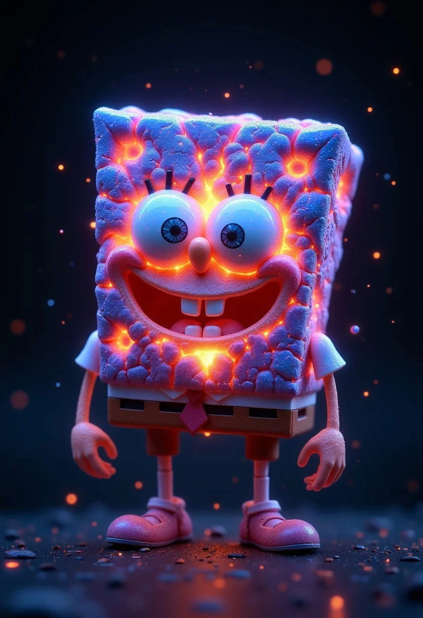 glowing galaxy cracks, A cute, glowing version of SpongeBob SquarePants, designed with irresistible, large eyes. His body appears to be cracking like a molten volcano, with cracks glowing in bright, galaxy-like colors—shades of deep purple, blue, and bright orange. The glow emanates from within the cracks, giving an ethereal and mesmerizing effect, as if SpongeBob is infused with cosmic energy. The background is dark, making the glow and molten effect stand out, and small, floating star-like particles surround him, enhancing the galaxy and volcanic theme. The scene blends cuteness with a cosmic, otherworldly vibe