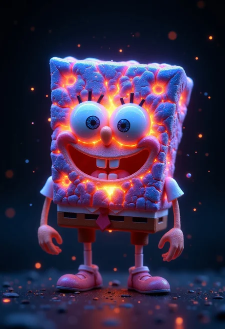 glowing galaxy cracks, A cute, glowing version of SpongeBob SquarePants, designed with irresistible, large eyes. His body appears to be cracking like a molten volcano, with cracks glowing in bright, galaxy-like colors—shades of deep purple, blue, and bright orange. The glow emanates from within the cracks, giving an ethereal and mesmerizing effect, as if SpongeBob is infused with cosmic energy. The background is dark, making the glow and molten effect stand out, and small, floating star-like particles surround him, enhancing the galaxy and volcanic theme. The scene blends cuteness with a cosmic, otherworldly vibe