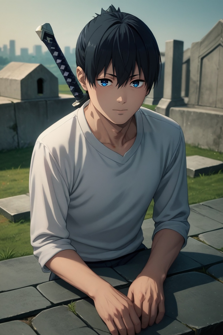 score_9, score_8_up, score_7_up, , rating_safe, intricate details, (photorealistic:0.6), looking at viewer, , 1boy, solo, male focus, <lora:aki_hayakawa_pony:0.78>, aki_hayakawa, black hair, blue eyes, bangs, hair between eyes, , weapon on back, rule of thirds, cemetery, dawn, arm at side, sparkling eyes, , <lora:sdxl_lightning_8step_lora:1>