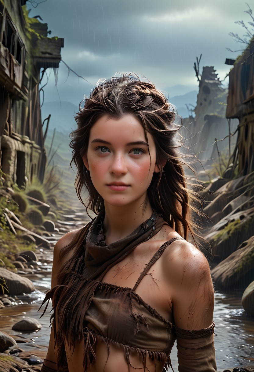 score_9, score_8_up, score_7_up,  1woman,  Masterpiece, 4k, ultra high detail, score_9, score_8_up, score_8, 21yo, medium_breast_size, long dark-brown ponytail hair, fcNeg, stunning grey-hazel eyes, freckles, white skin, medium build, dark-brown hair, very long wind blown hair 
dirty clothes, dirty face, junk armor, wastelander,
Dark sky with stormclouds, ash, raining Ash like dark snow, ruins, wasteland, cityruins, tribal_native_clothes,
End of the World, 
negative_hand, NightScapes,