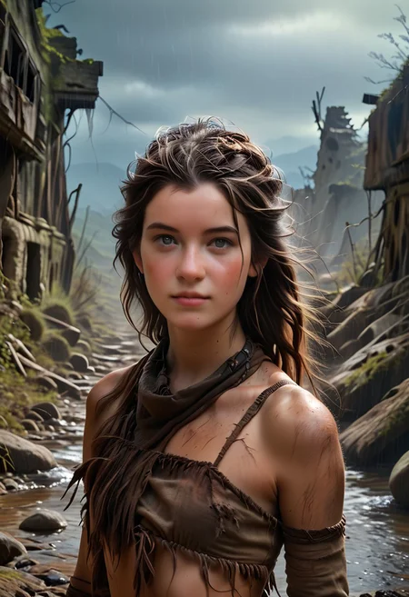 score_9, score_8_up, score_7_up,  1woman,  Masterpiece, 4k, ultra high detail, score_9, score_8_up, score_8, 21yo, medium_breast_size, long dark-brown ponytail hair, fcNeg, stunning grey-hazel eyes, freckles, white skin, medium build, dark-brown hair, very long wind blown hair 
dirty clothes, dirty face, junk armor, wastelander,
Dark sky with stormclouds, ash, raining Ash like dark snow, ruins, wasteland, cityruins, tribal_native_clothes,
End of the World, 
negative_hand, NightScapes,